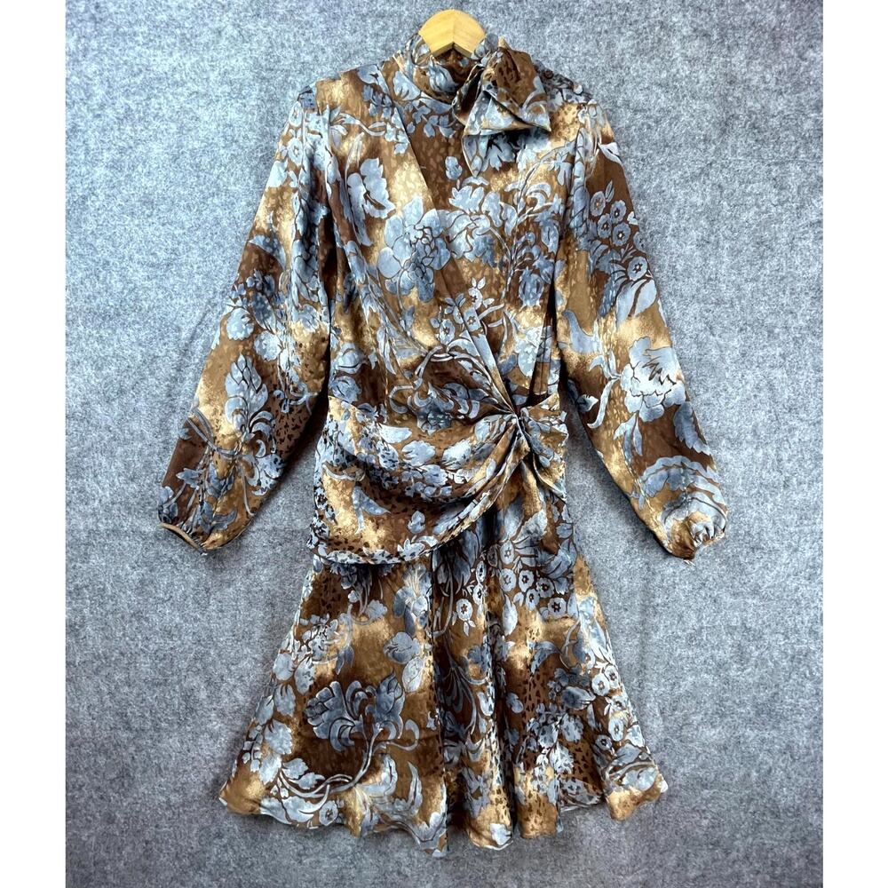 Vintage Jerri Sherman Dress Womens 8 Brown Blue Silk Bow Cocktail Hollywood Glam